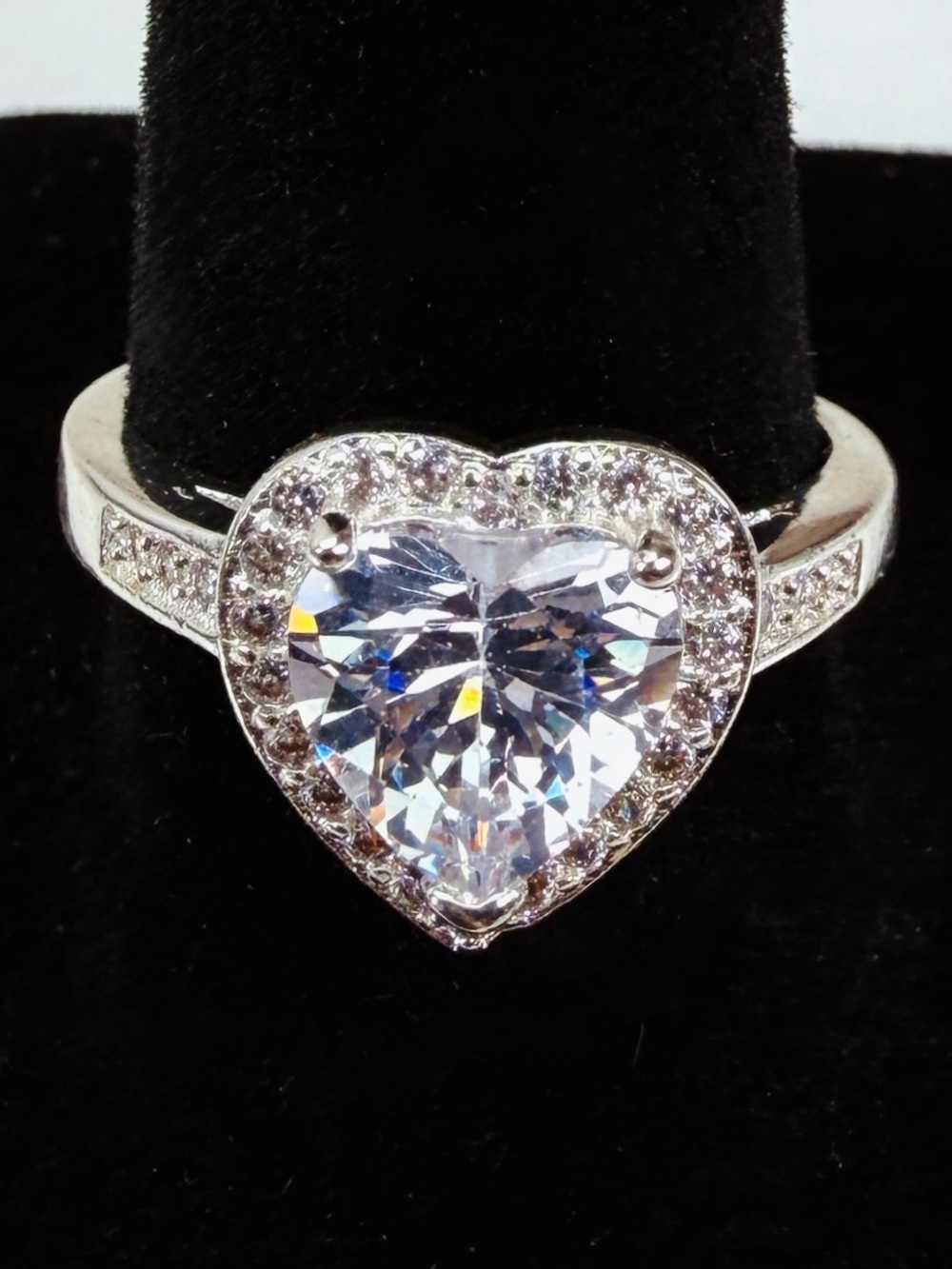 Clear Heart Faceted Stone Halo Silver Tone Statement Ring Size 7
